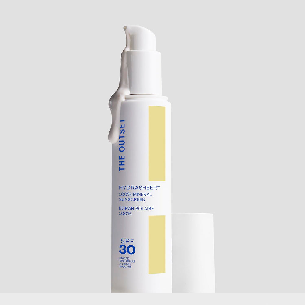 The Outset Hydrasheer on the cheek showing a light mineral formula