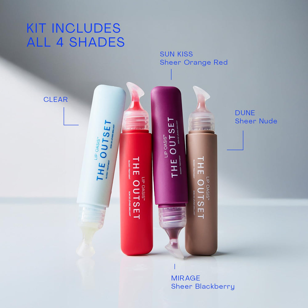 The Outset Lip Oasis Sun Kiss gloss on lips for subtle warmth and layering options.