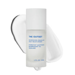 The Outset Nourishing Squalane Daily Moisturizer bottle close-up shows fragrance-free, gentle hydration.