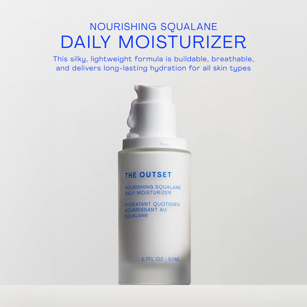 The Outset Nourishing Squalane Daily Moisturizer texture close-up demonstrates lightweight, non-greasy hydration.