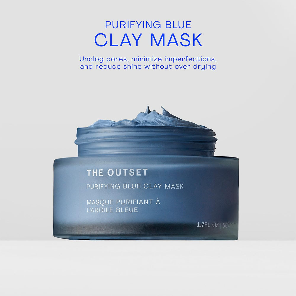 The Outset Purifying Blue Clay Mask applied to clean skin for even coverage.