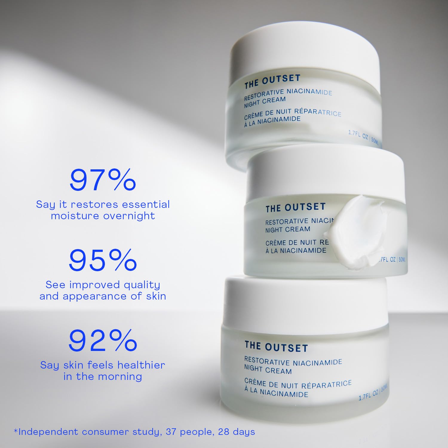 The Outset Restorative Night Cream label shows niacinimide and bakuchiol as key actives.