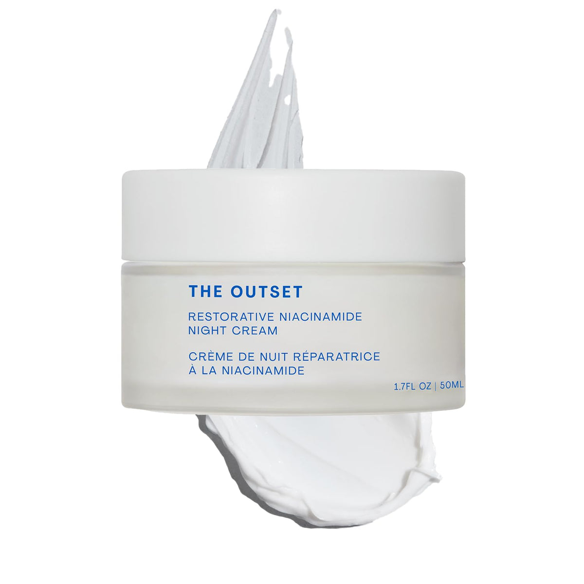 The Outset Restorative Night Cream jar closeup highlights fragrance-free hydration.