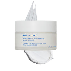 The Outset Restorative Night Cream jar closeup highlights fragrance-free hydration.
