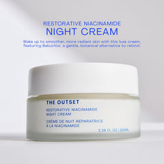 The Outset Restorative Night Cream packaging emphasizes vegan, clean ingredients.