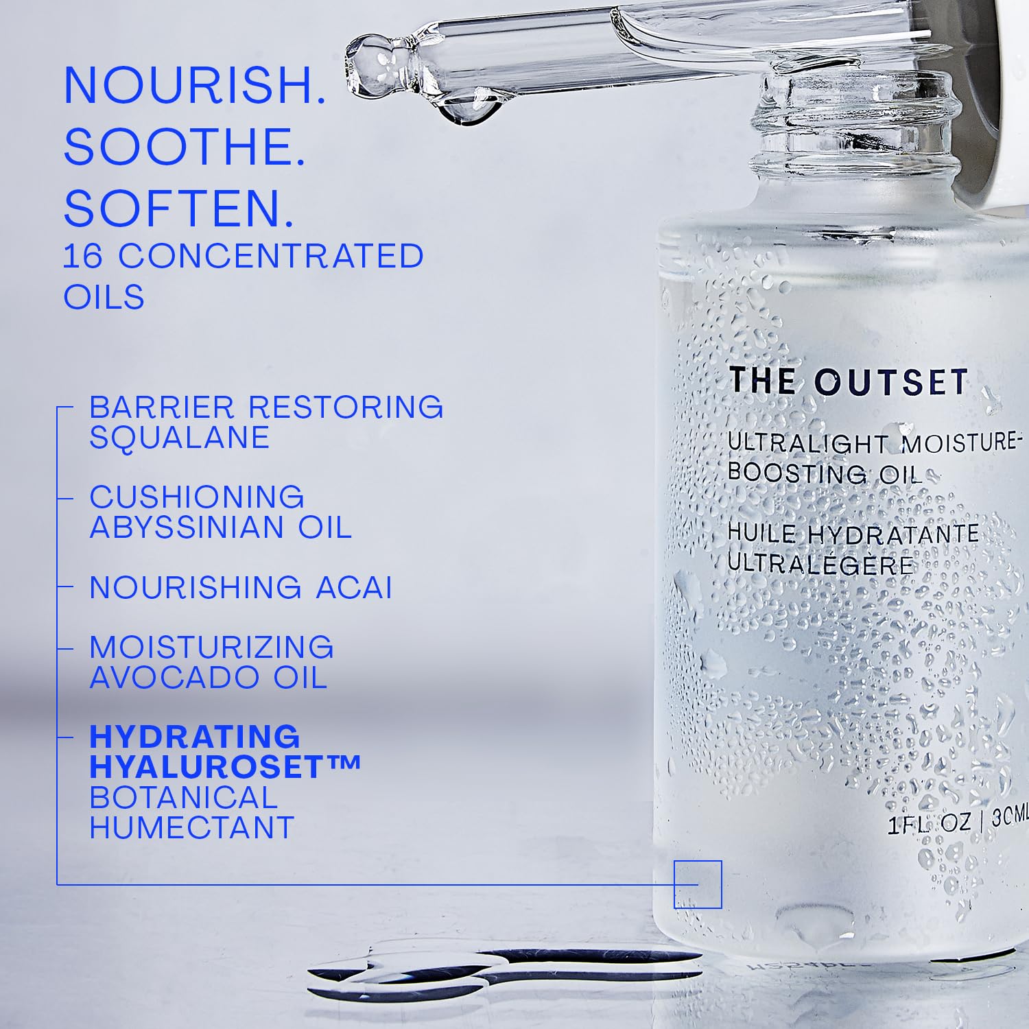 The Outset texture close-up reveals a light dry oil absorbing quickly.