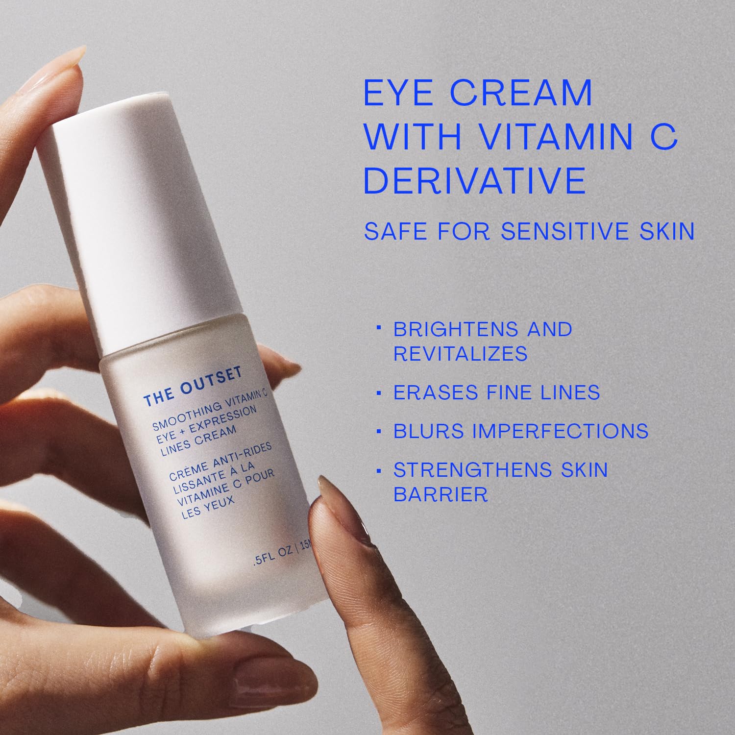 The Outset Vitamin C smoothing eye cream close-up texture showing creamy, fragrance-free formula.