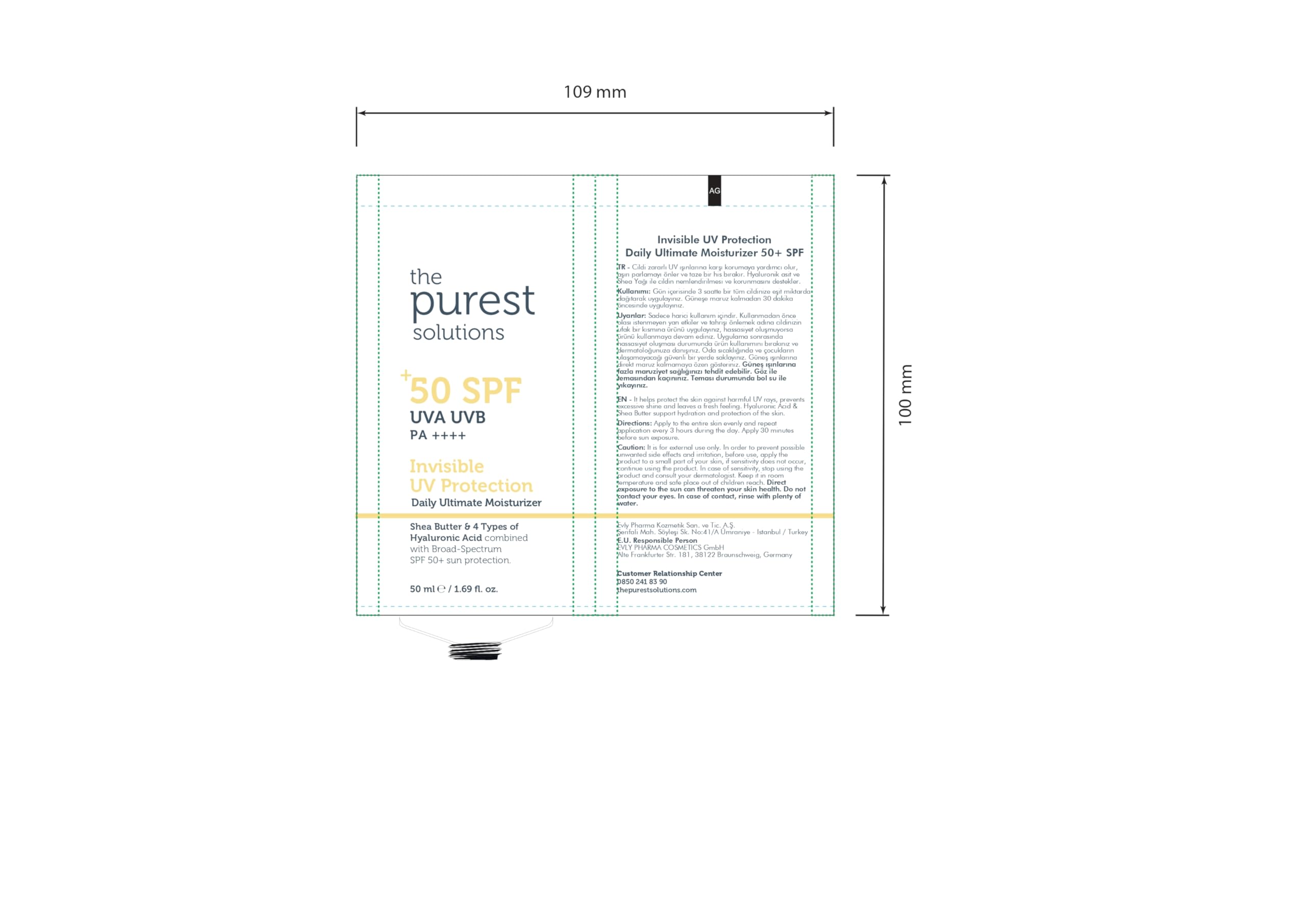 The Purest Solutions Invisible UV Protection ingredients closeup shows hyaluronic acid for hydration.