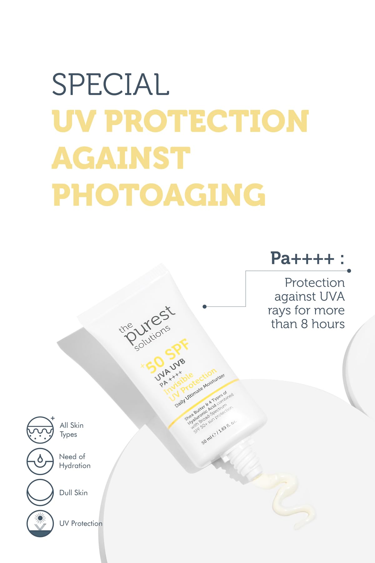 The Purest Solutions Invisible UV Protection SPF 50+ label highlights broad sun protection.