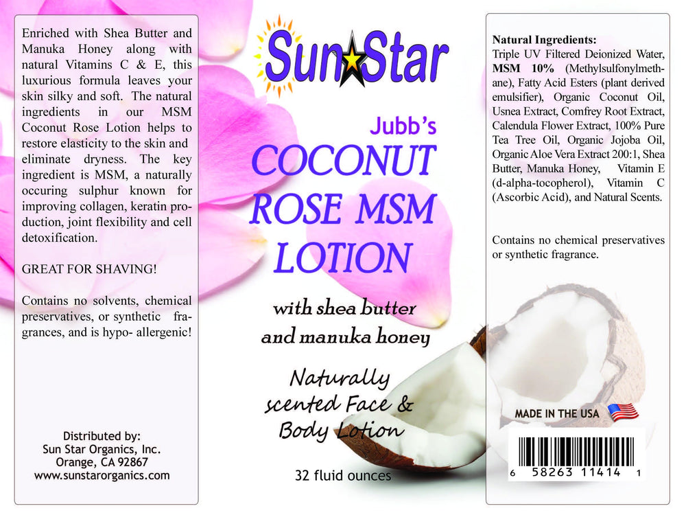 The Raw Food World MSM Lotion Coconut Rose bottle shows premium coconut rose care.