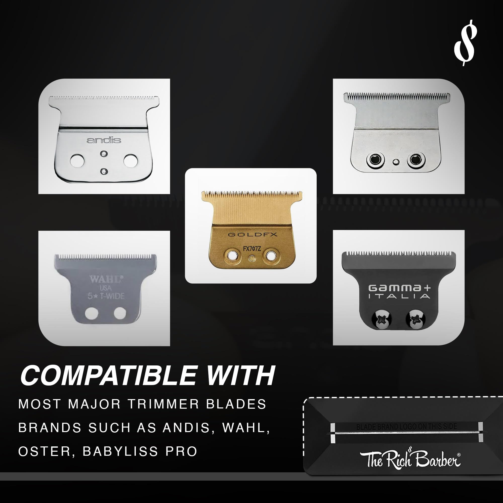 The Rich Barber blade compatibility graphic emphasizes compatibility with Andis, BaByliss, Wahl, Gamma, StyleCraft.