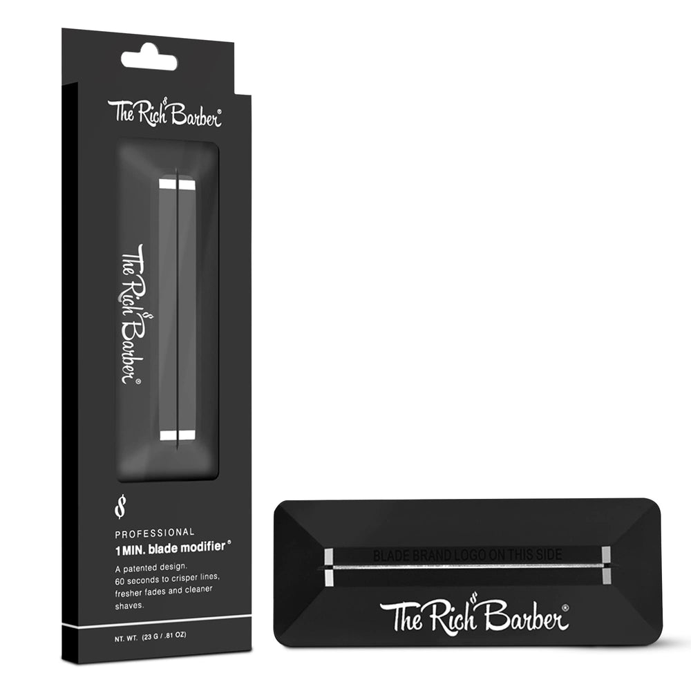 The Rich Barber 1 Minute Blade Modifier front view for quick sharpening and crisper trims.