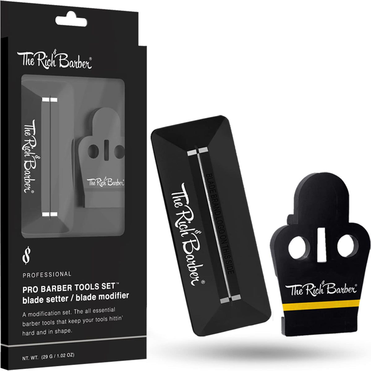 The Rich Barber blade modifier sharpens blades for precise trims.