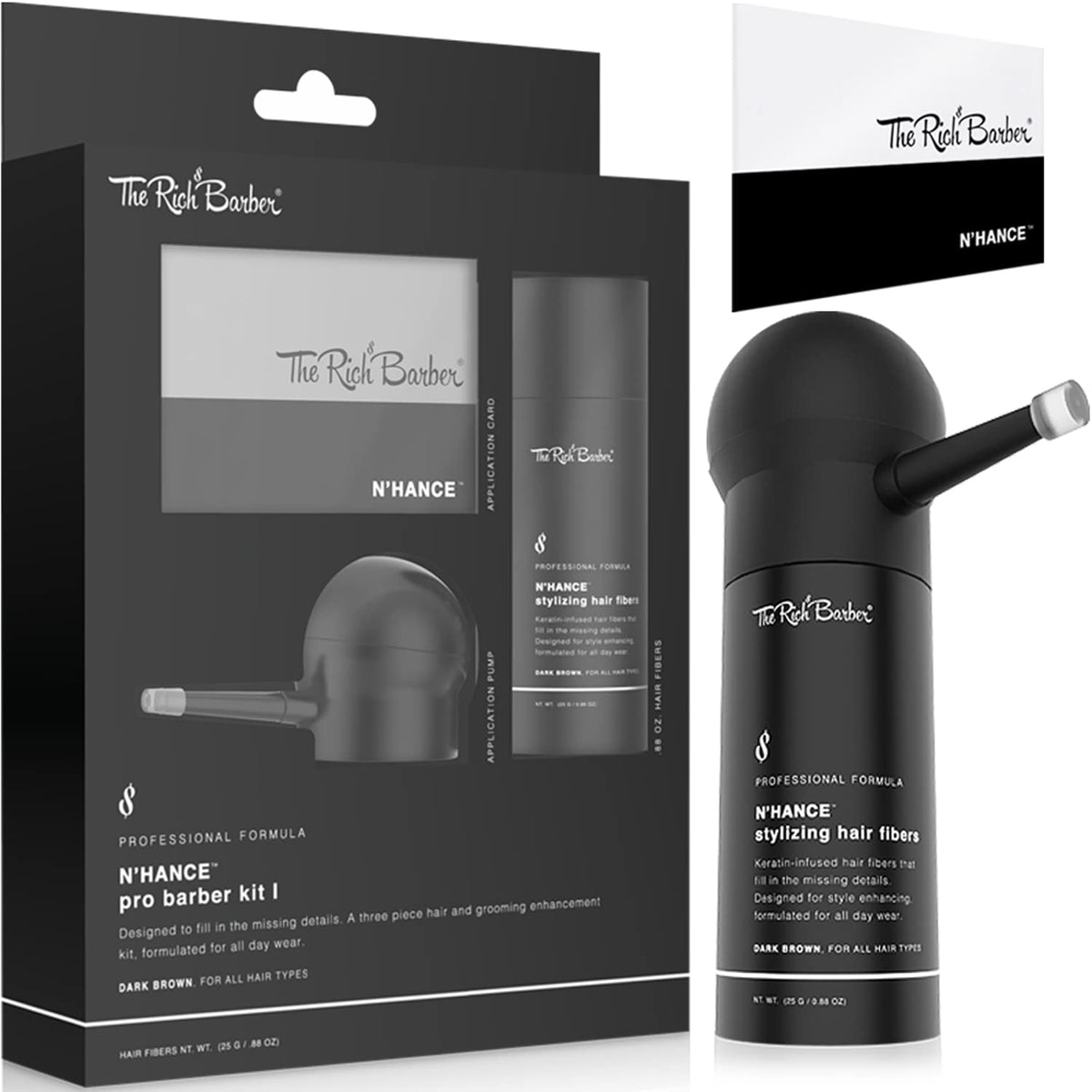 The Rich Barber N'Hance bottle of hair-building fibers for a natural-looking hairline and texture