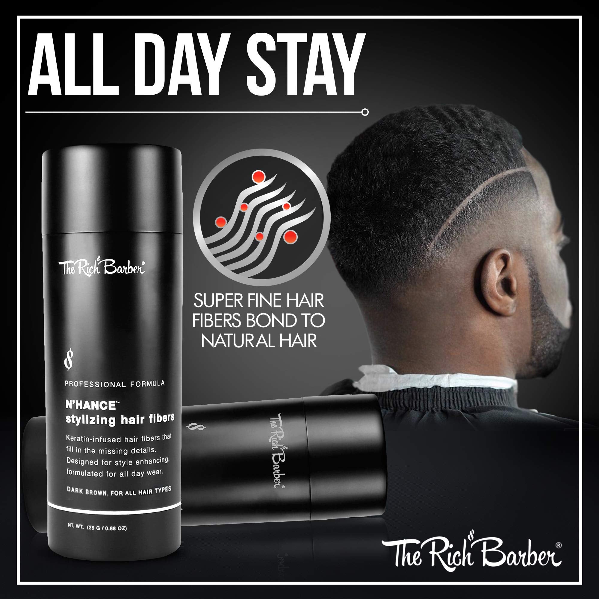 The Rich Barber N’Hance hairline fill action on thinning areas for fuller look.