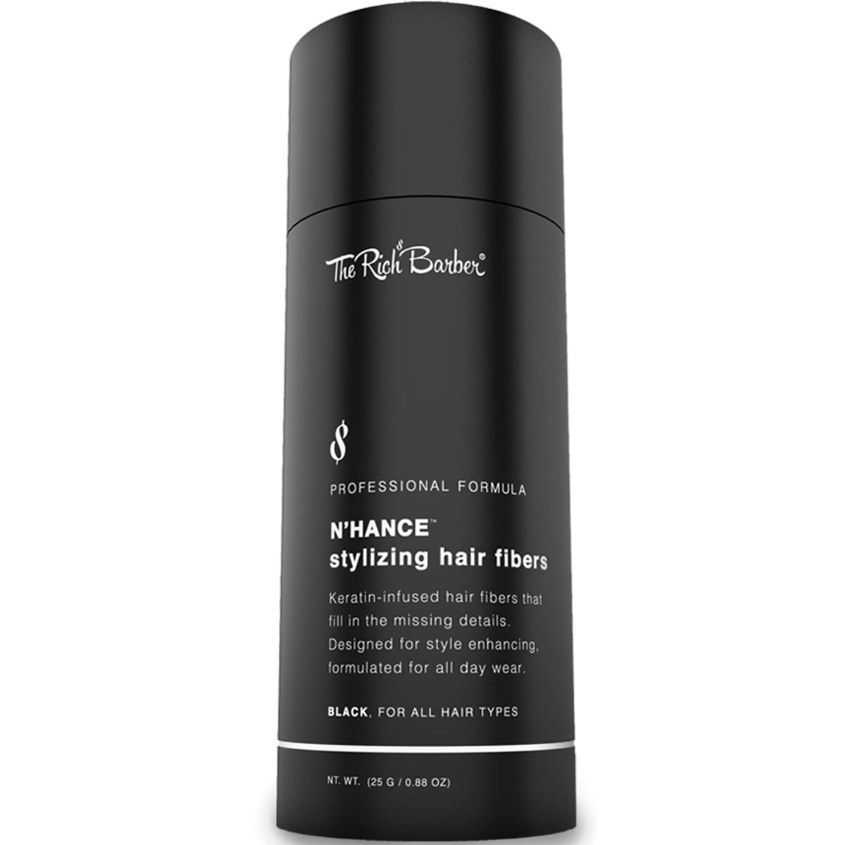 The Rich Barber N’Hance fibers jar closeup for natural coverage and ease of use.