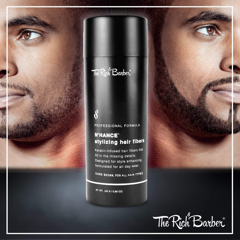 The Rich Barber N’Hance product packaging closeup highlighting 25 g supply.