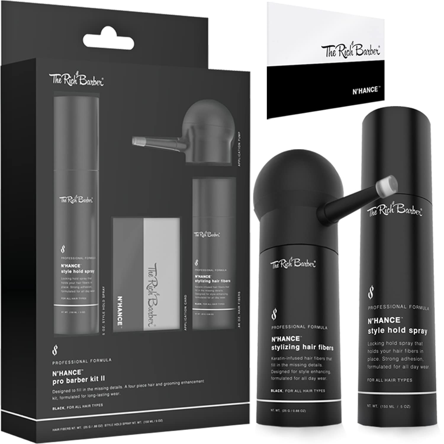 The Rich Barber N'Hance Pro fibers apply for natural density at the hairline.