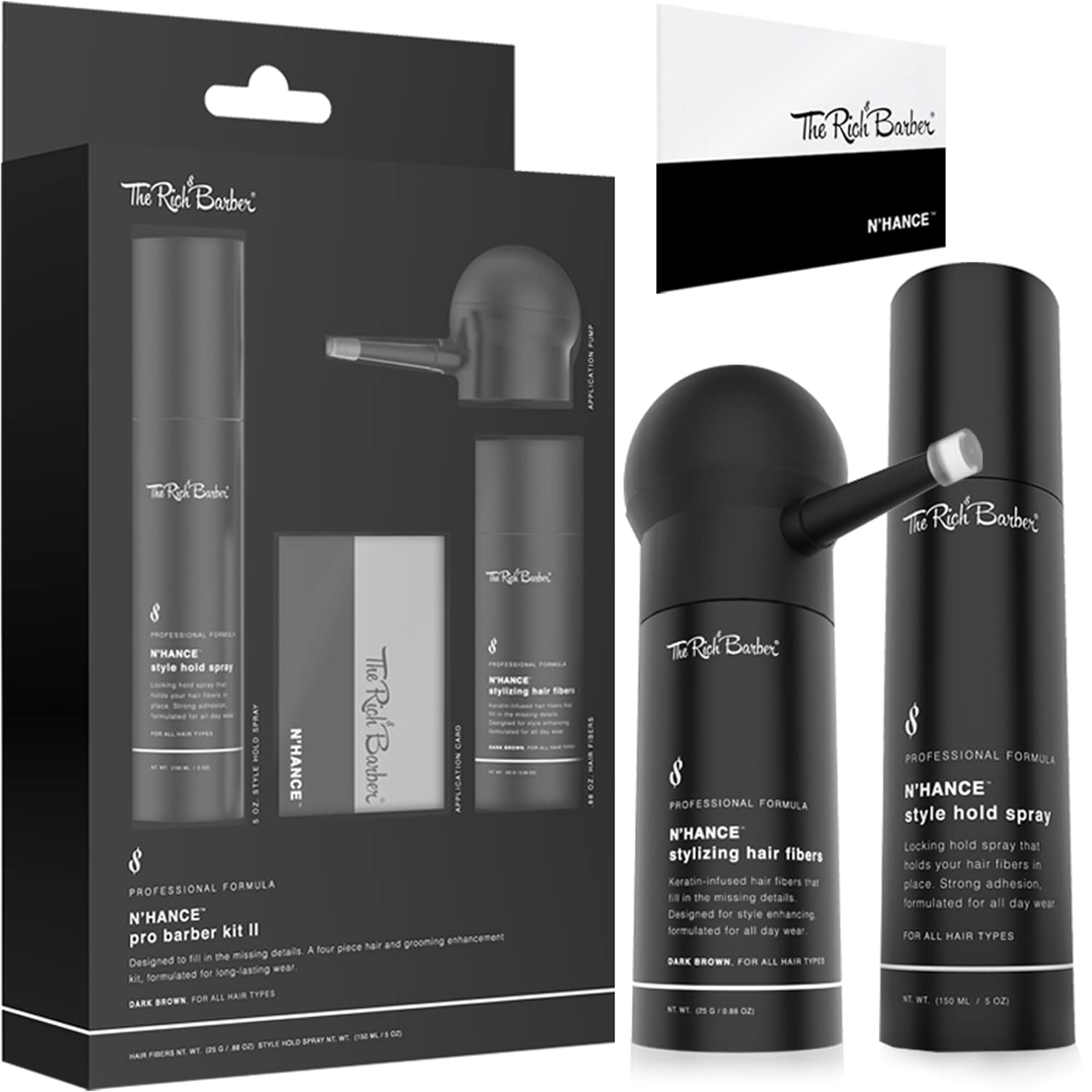 The Rich Barber N'Hance Pro hair-building fibers blend naturally for a fuller hairline.