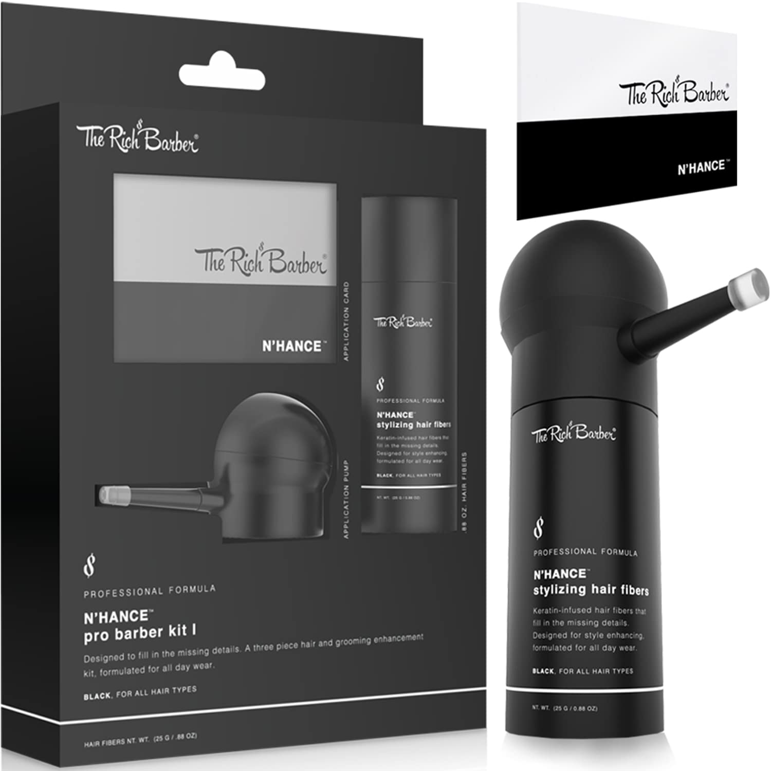 The Rich Barber N’Hance Pro bottle showing keratin-infused fibers for natural hairline fill.