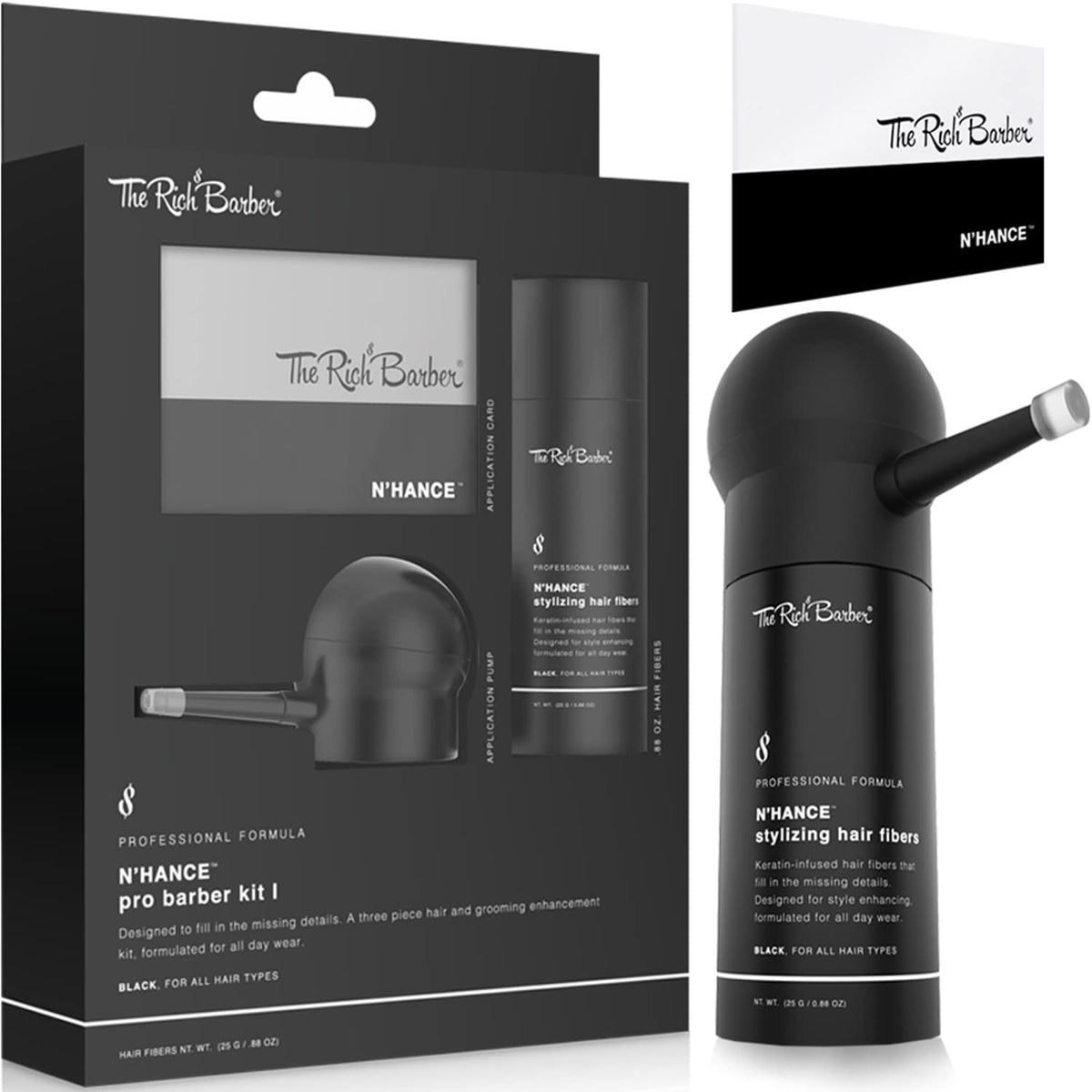 The Rich Barber N’Hance Pro bottle showing keratin-infused fibers for natural hairline fill.