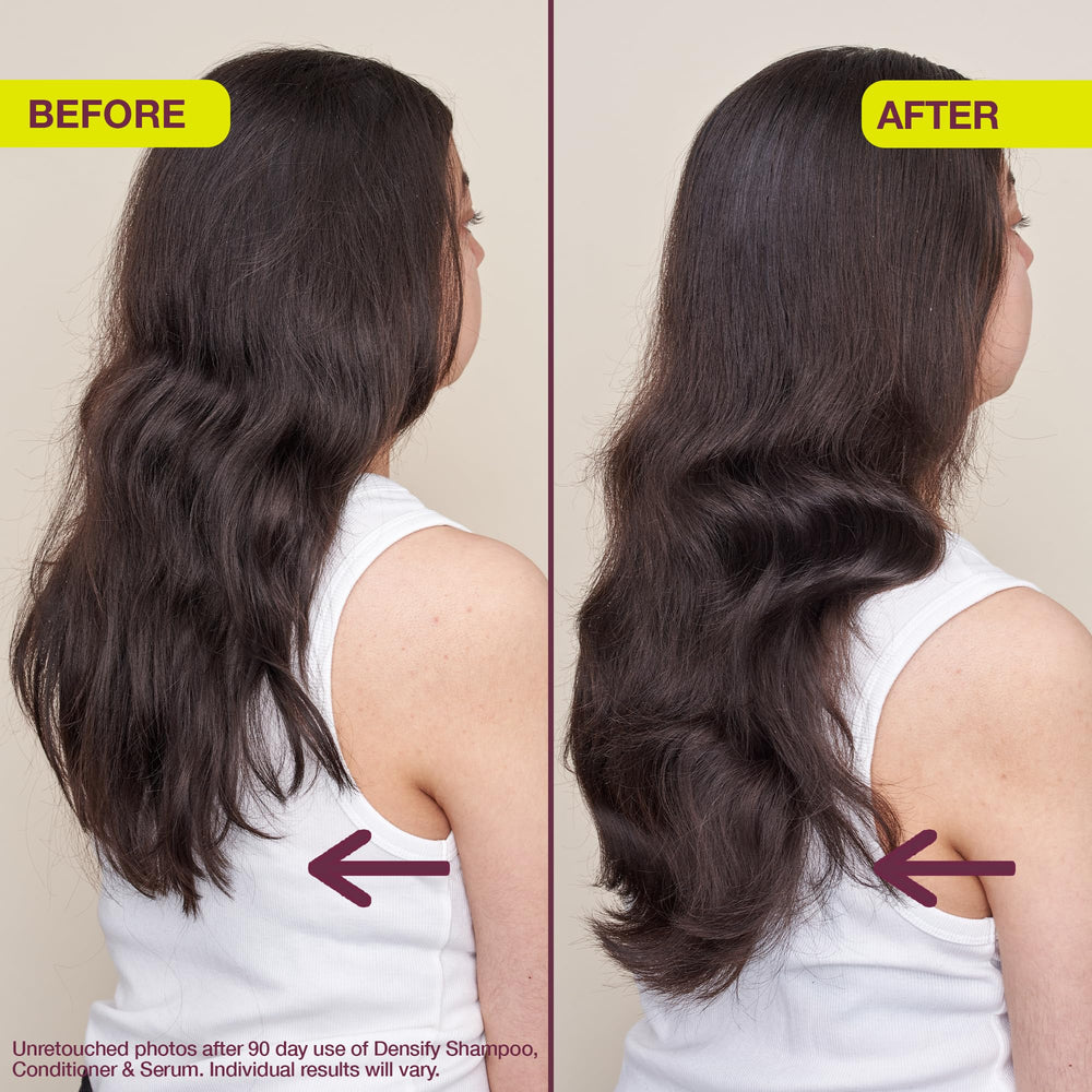 The Rootist Densify before-after hair close-up shows visibly thicker strands.