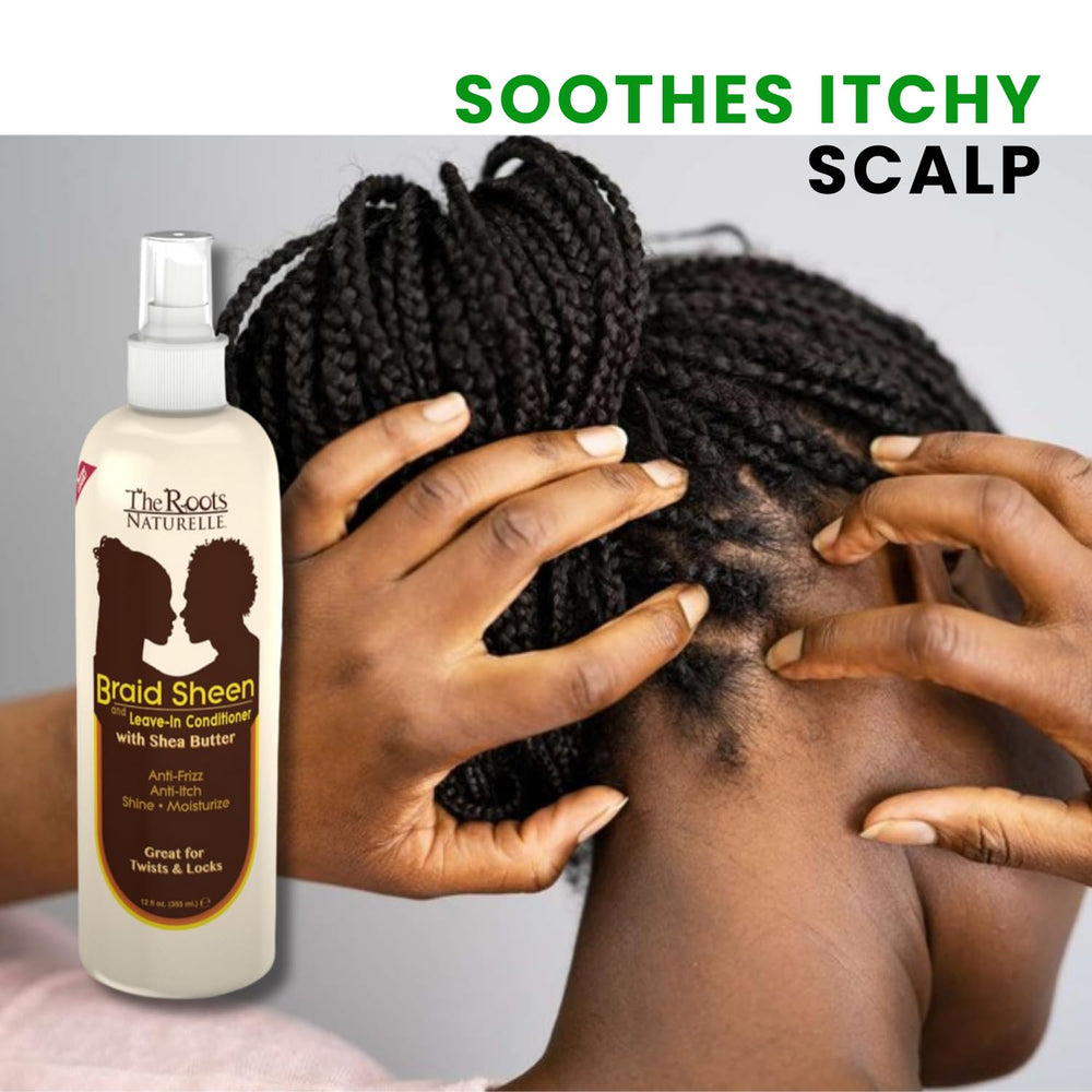 The Roots Naturelle Braid Sheen on braided hair delivering radiant shine