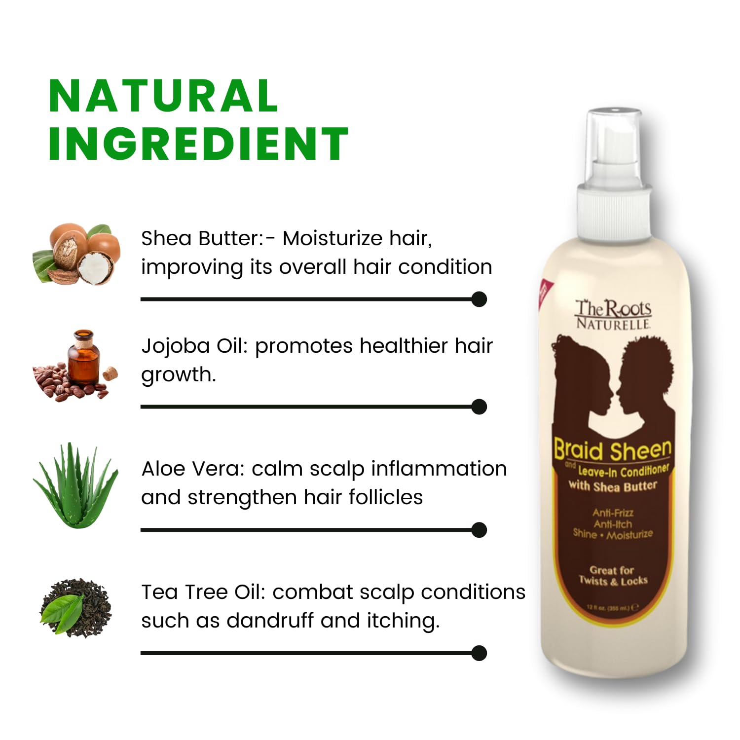 The Roots Naturelle Braid Sheen bottle highlighting vitamin-rich oils benefits
