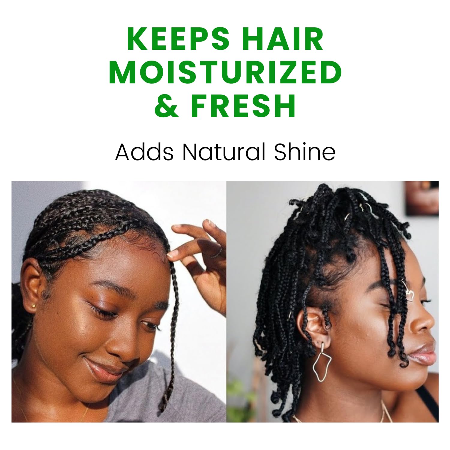 The Roots Naturelle Braid Sheen spray on scalp application helps soothe itch