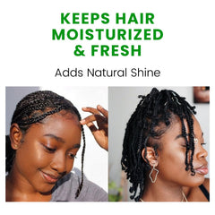 The Roots Naturelle Braid Sheen spray on scalp application helps soothe itch
