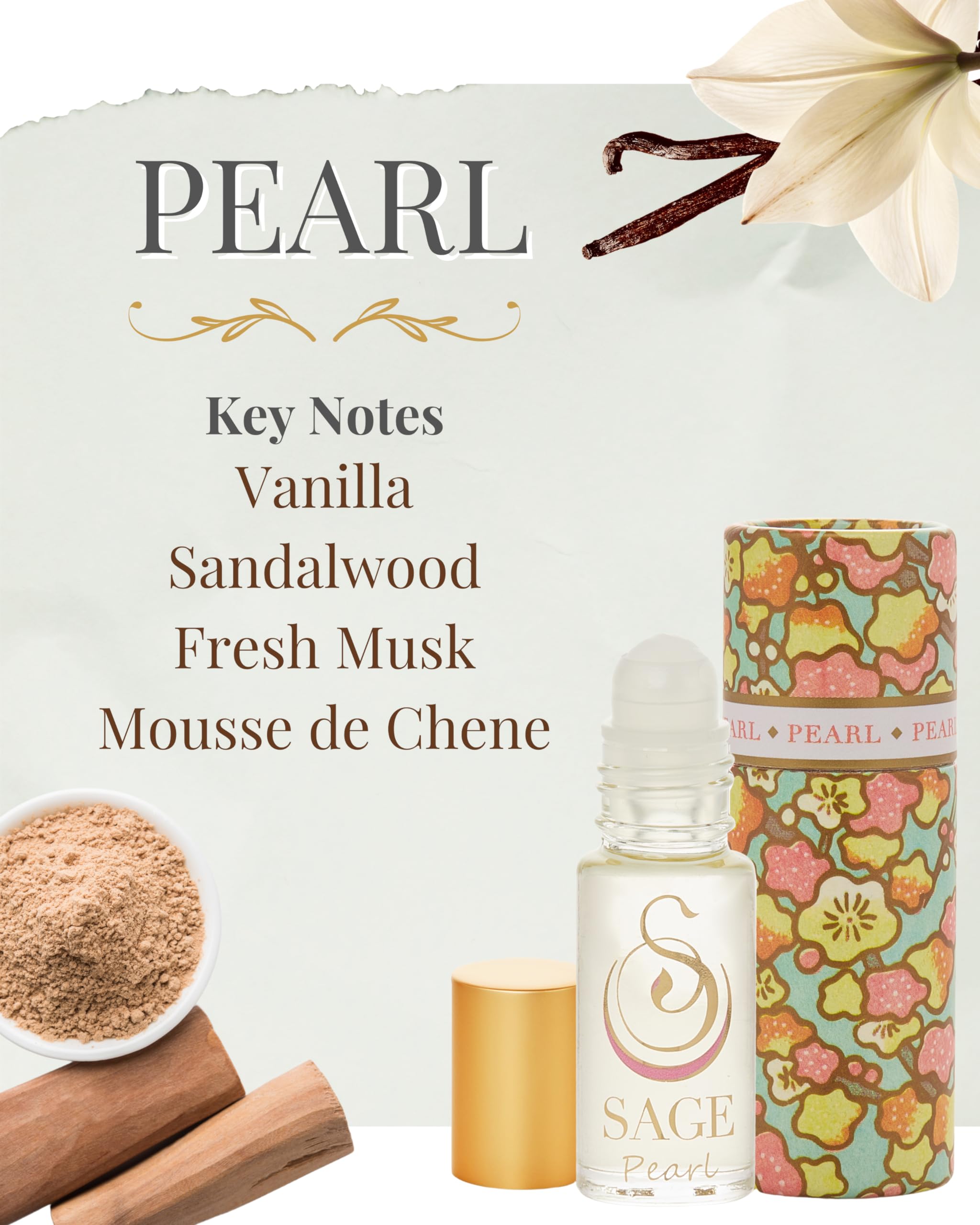 The Sage Lifestyle Pearl Roll-On vanilla and sandalwood notes for versatile wear