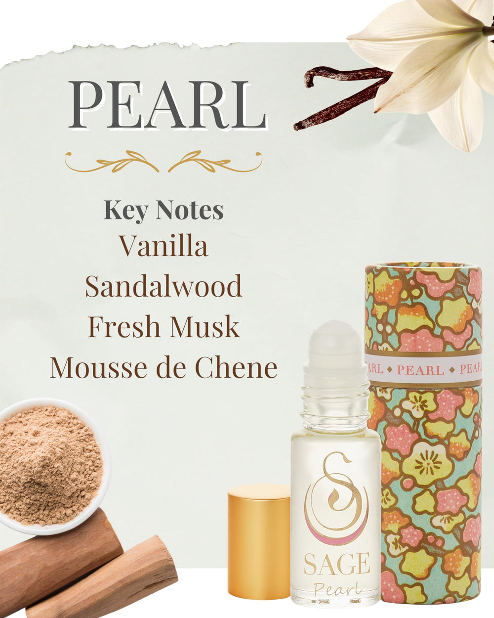 The Sage Lifestyle Pearl Roll-On vanilla and sandalwood notes for versatile wear