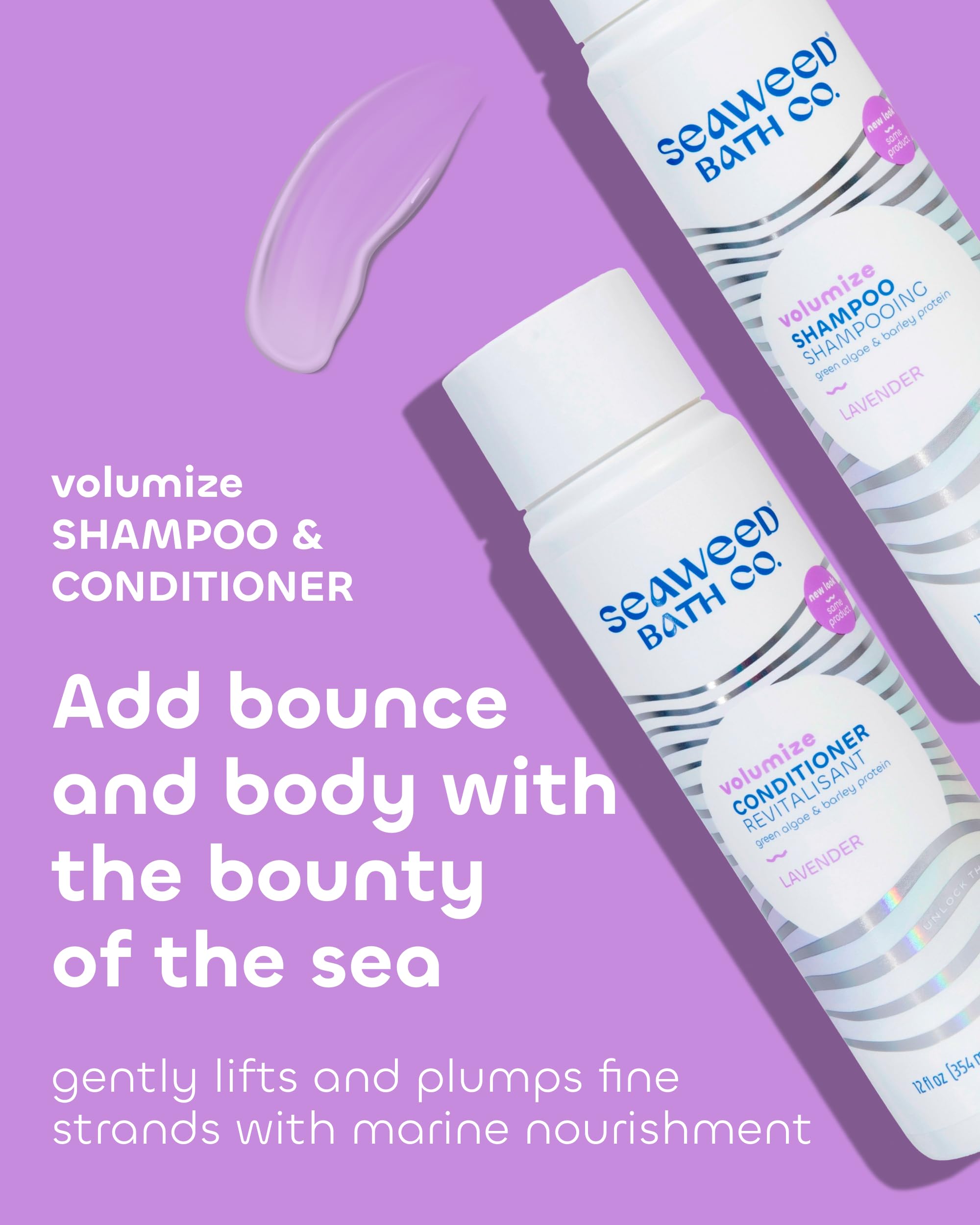 The Seaweed Bath Co. Volumize Conditioner lavender bottle back highlights softness and shine.