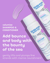 The Seaweed Bath Co. Volumize Conditioner lavender bottle back highlights softness and shine.