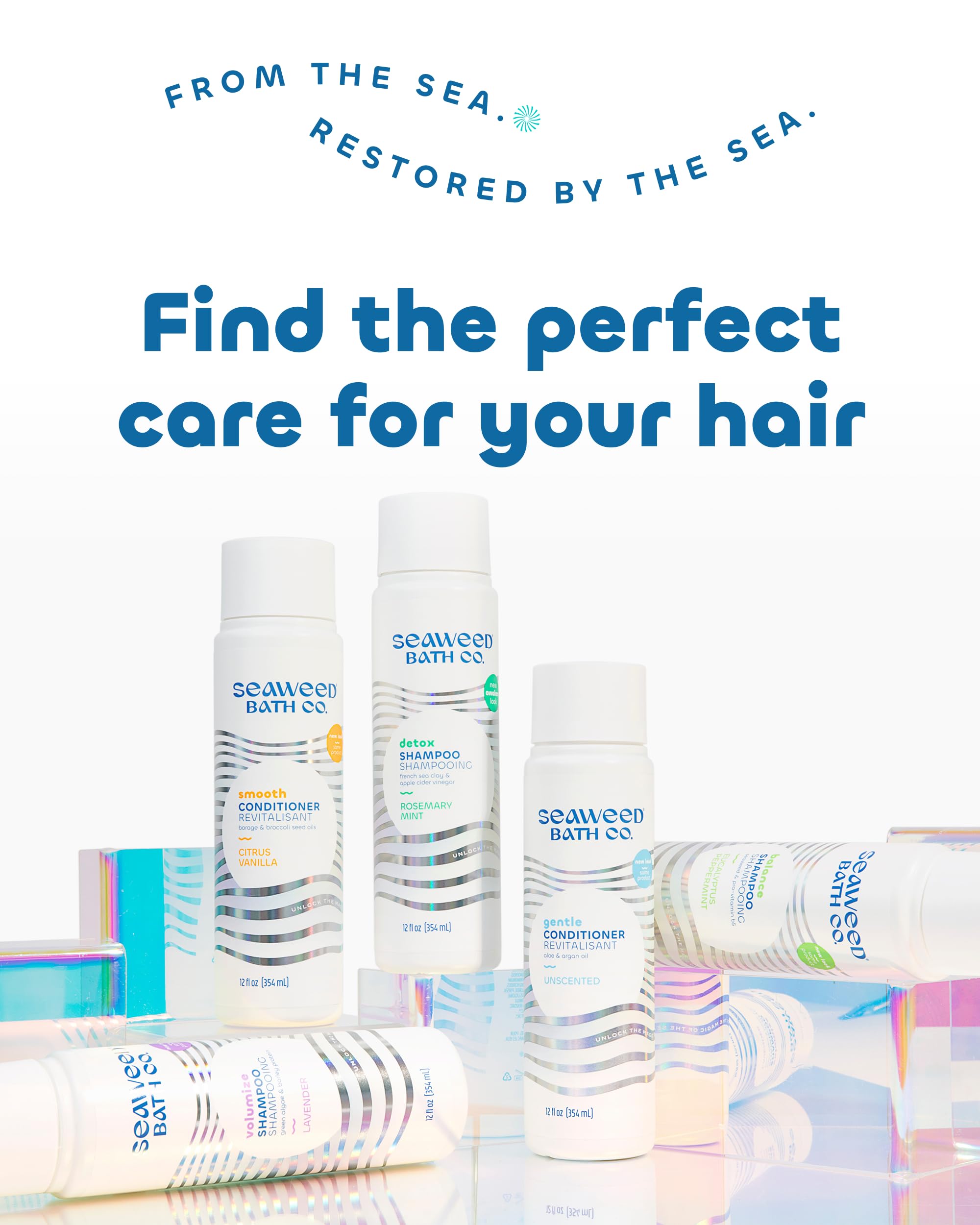 The Seaweed Bath Co. Volumize packaging emphasizes eco-friendly bottles.