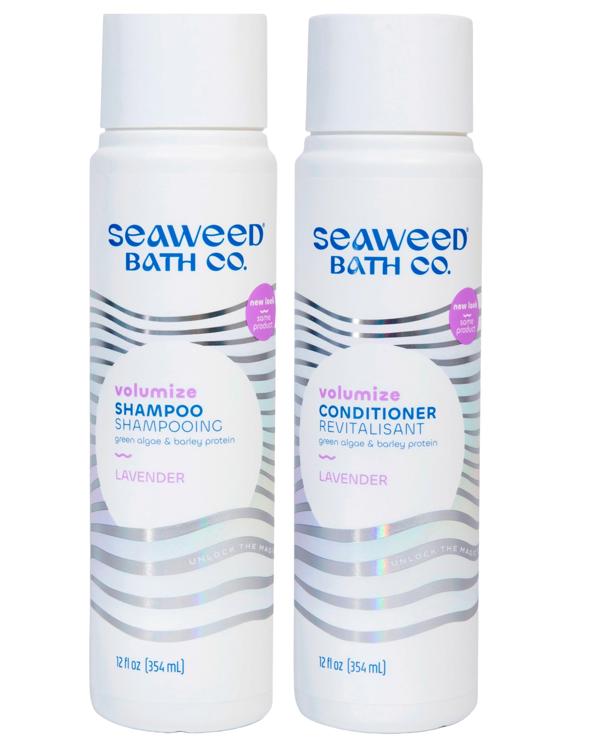 The Seaweed Bath Co. Volumize Shampoo lavender bottle front promotes thicker, fuller hair.