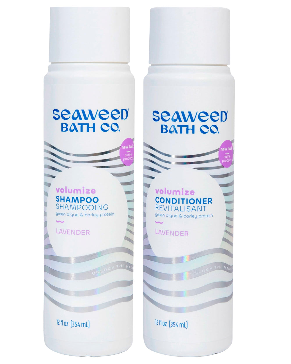 The Seaweed Bath Co. Volumize Shampoo lavender bottle front promotes thicker, fuller hair.