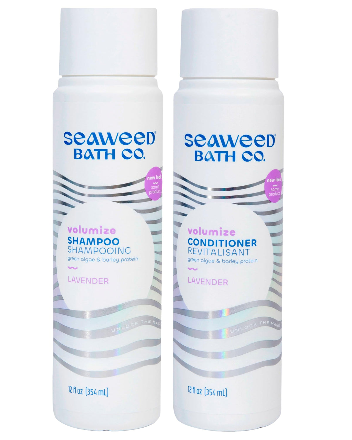 The Seaweed Bath Co. Volumize Shampoo lavender bottle front promotes thicker, fuller hair.