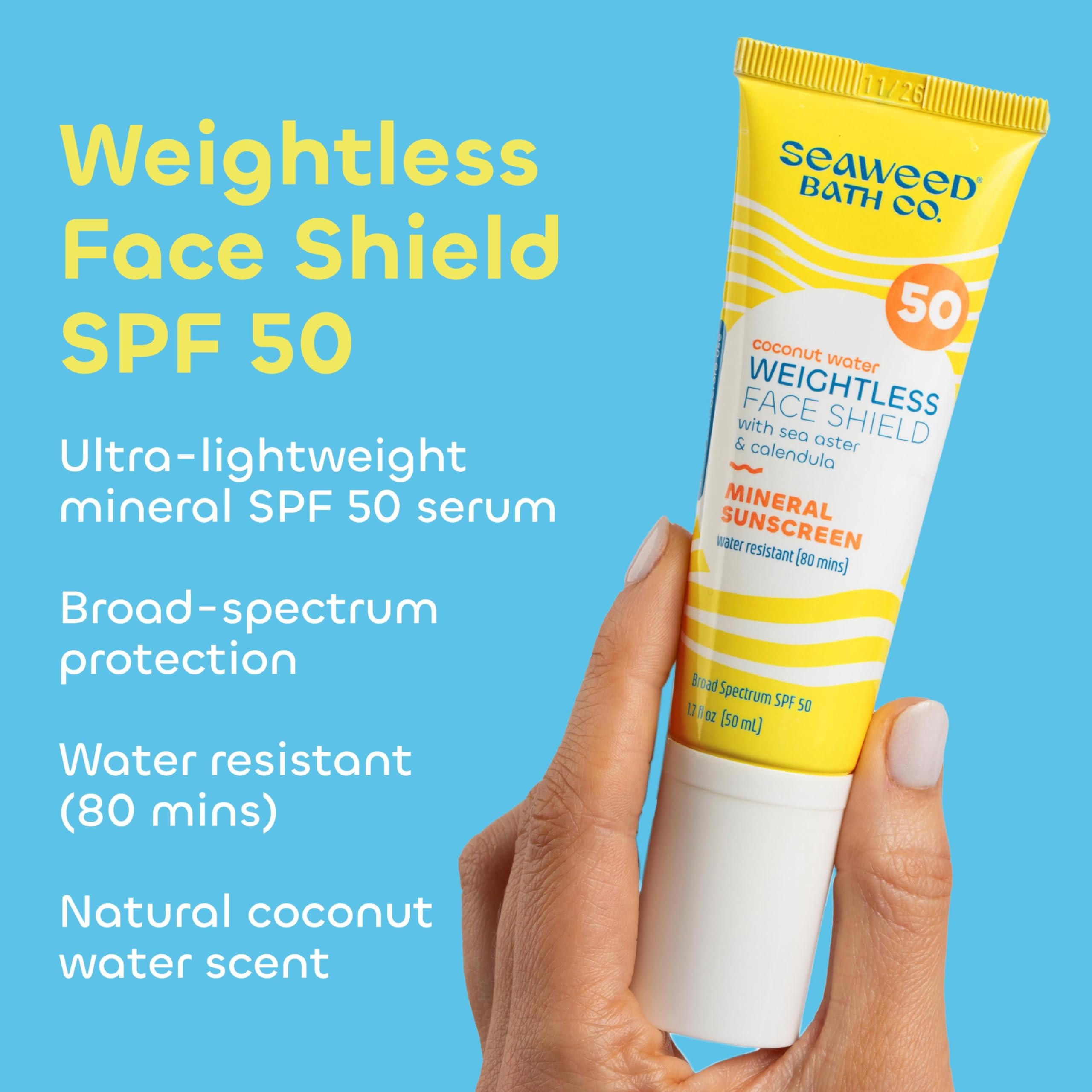 Seaweed Bath Co. swatch demonstrates sheer mineral SPF 50 with a lightweight finish.