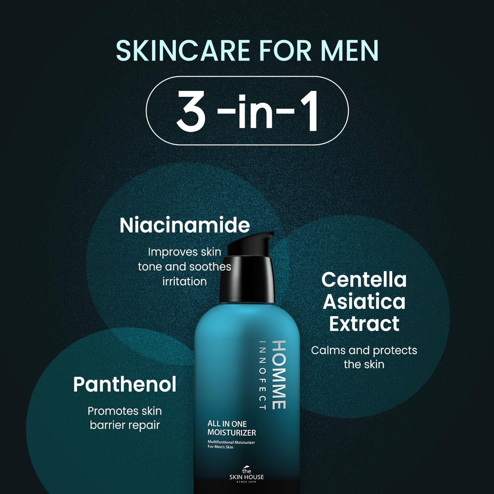 The Skin House HOMME InnoFect aftershave balm hydrates and soothes post-shave irritation.