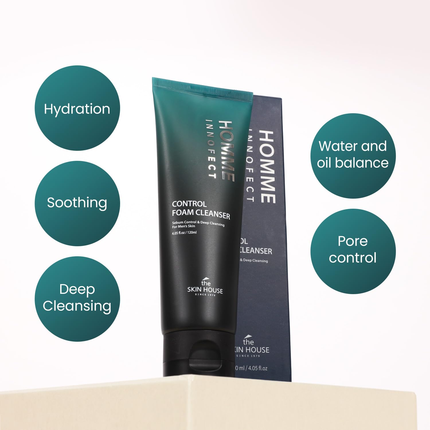 The Skin House HOMME InnoFect gentle formula supports clean, balanced skin day and night.