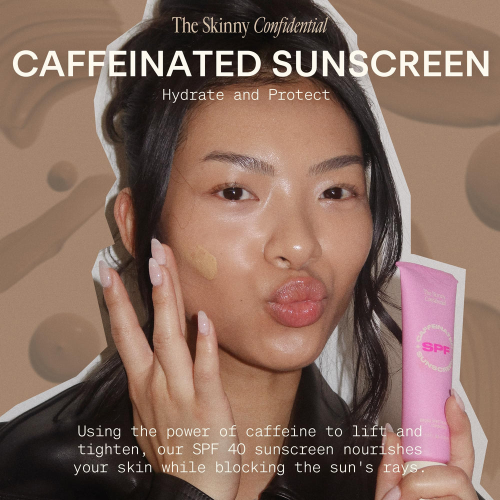 The Skinny Confidential tinted sunscreen bottle back reveals ingredients and non-greasy protection.