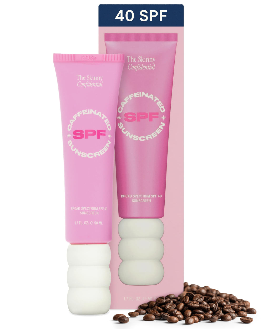 The Skinny Confidential tinted sunscreen bottle front with SPF 40 and fragrance-free base.