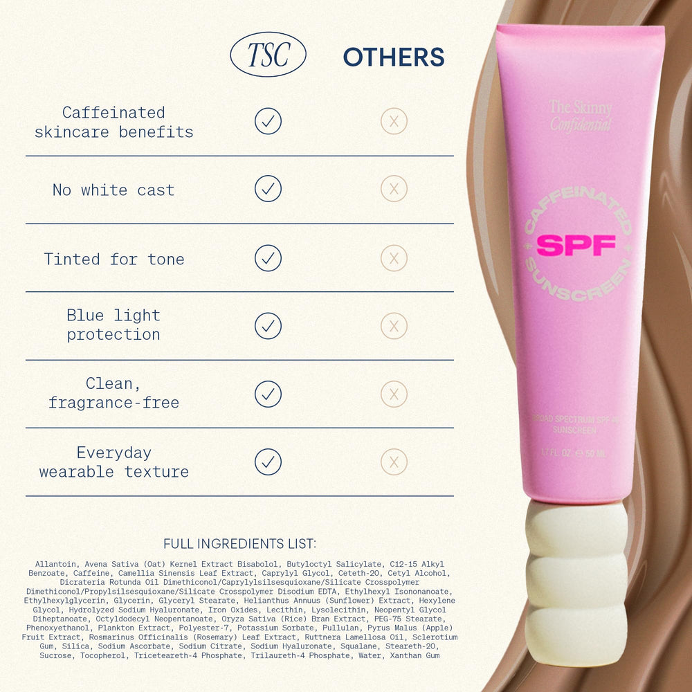 The Skinny Confidential ingredient icon suggests zinc oxide and titanium dioxide protection.