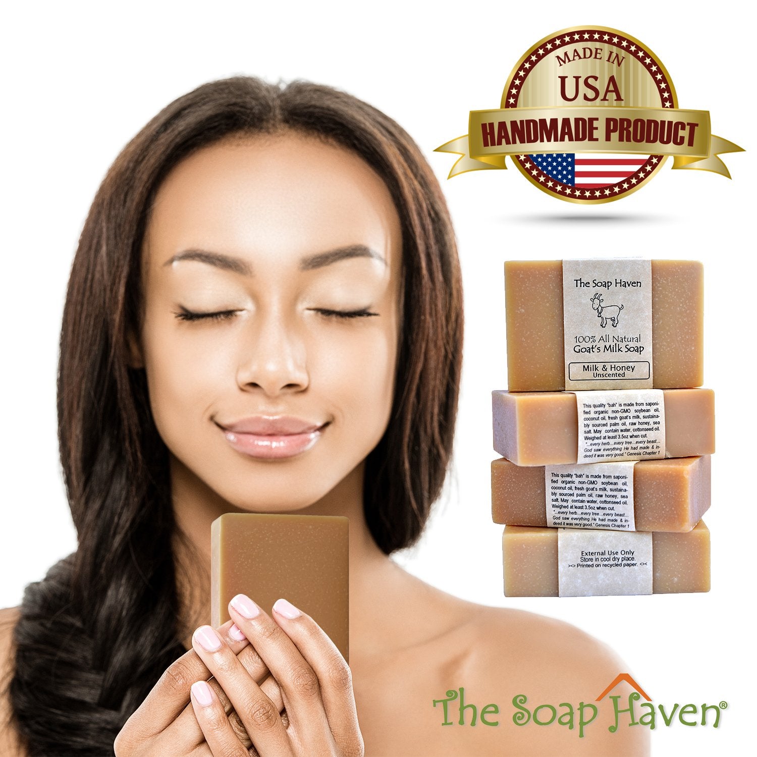 The Soap Haven natural ingredients label emphasizes non-GMO and palm responsibly sourced.
