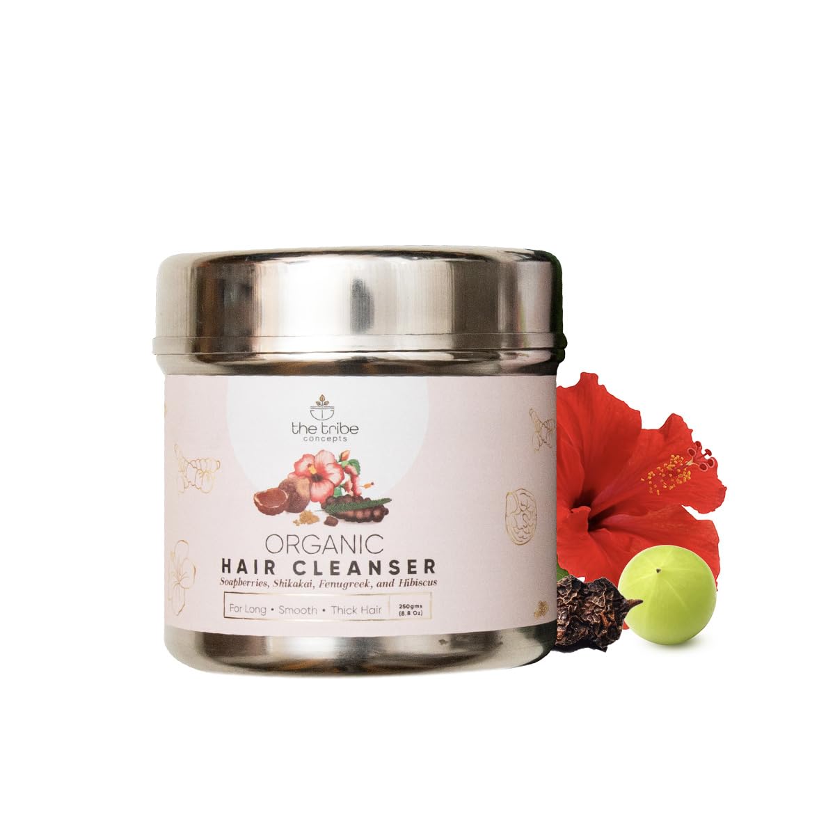 The Tribe Concepts packaging shows Ayush, GMP, organic, cruelty-free certifications