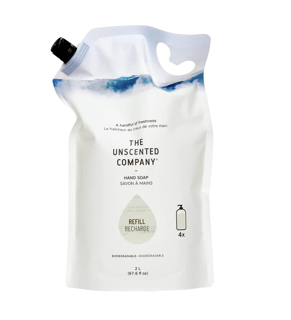 The Unscented Company unscented hand soap refill bag demonstrates eco-friendly packaging reducing plastic.