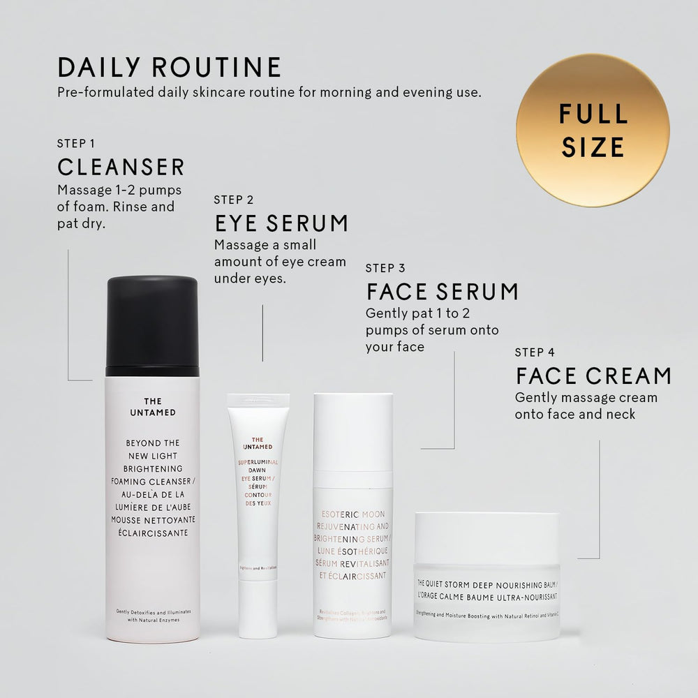 The Untamed Daily Kit serum-dropper showing precise application for hydrated skin.