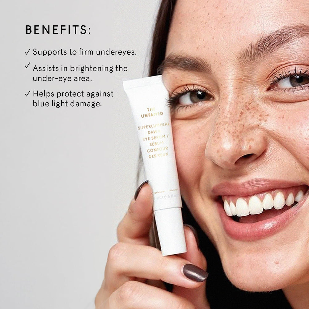The Untamed Superluminal Dawn Eye Serum dropper application improves under-eye hydration.