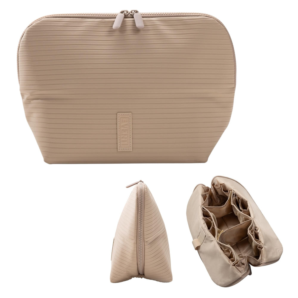 The Verti vertical organizer displayed on a vanity with 23 pockets for skincare and cosmetics.